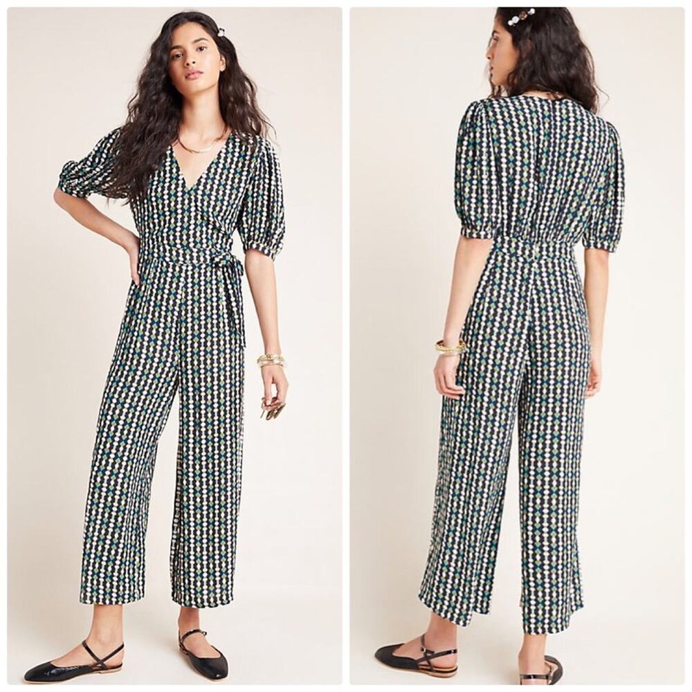 Anthropologie Women's Green Kachel Evie‎ Abstract V-Neck Jumpsuit Sz 12 NEW
